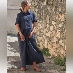 Sauths Vernaza Linen Relaxed Fit Maxi Dress Navy Size M
